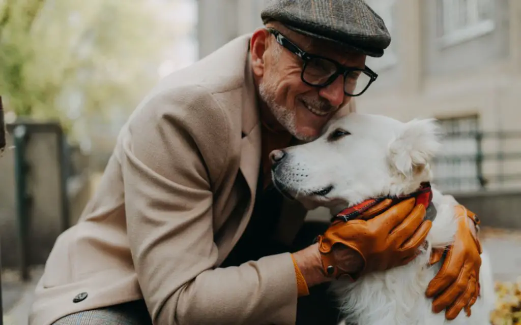 owner hugging senior golden retriever dog