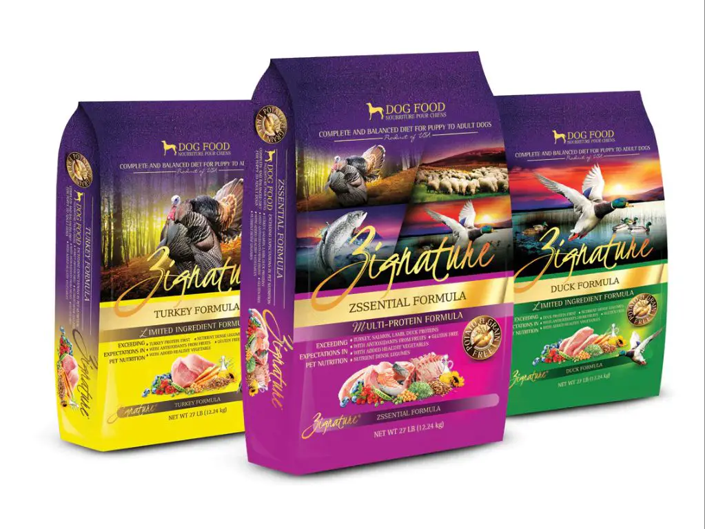 picture of different flavors of zignature dog food