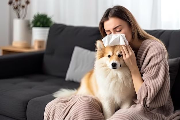 woman sneezing from dog allergies after getting a new puppy 